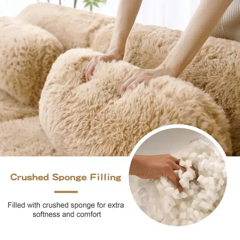 Canapé sectionnel de 114 po en tissu peluche marron avec oreillers (Connexion à boucle)