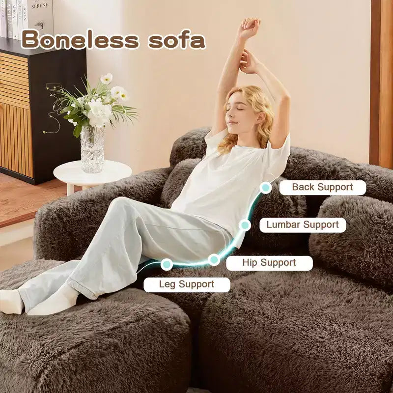 Canapé sectionnel de 114 po en tissu peluche marron avec oreillers (Connexion à boucle)
