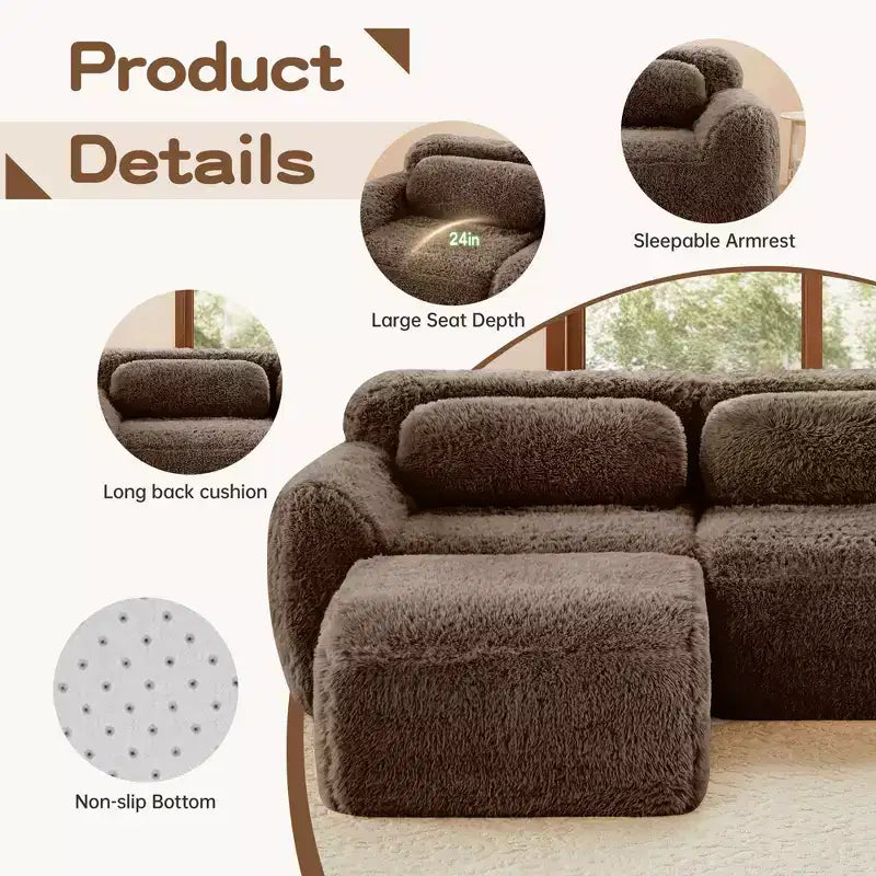 Canapé sectionnel de 114 po en tissu peluche marron avec oreillers (Connexion à boucle)