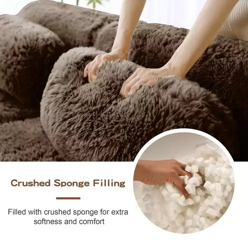 Canapé sectionnel de 114 po en tissu peluche marron avec oreillers (Connexion à boucle)