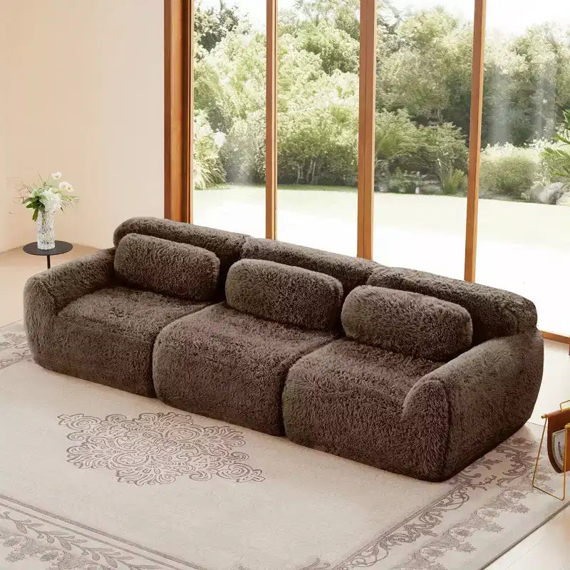 114 inch Brown Plush Fabric Sectional Sofa Couches with Throw Pillows ( Buckle Connection)