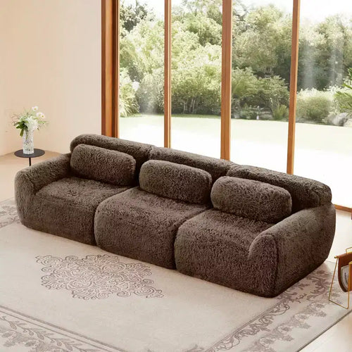 114 inch Brown Plush Fabric Sectional Sofa Couches with Throw Pillows ( Buckle Connection)