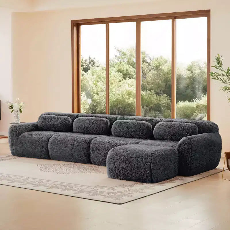 Canapé sectionnel d'angle en tissu peluche kaki clair de 149 pouces avec oreillers et pouf (connexion à boucle)