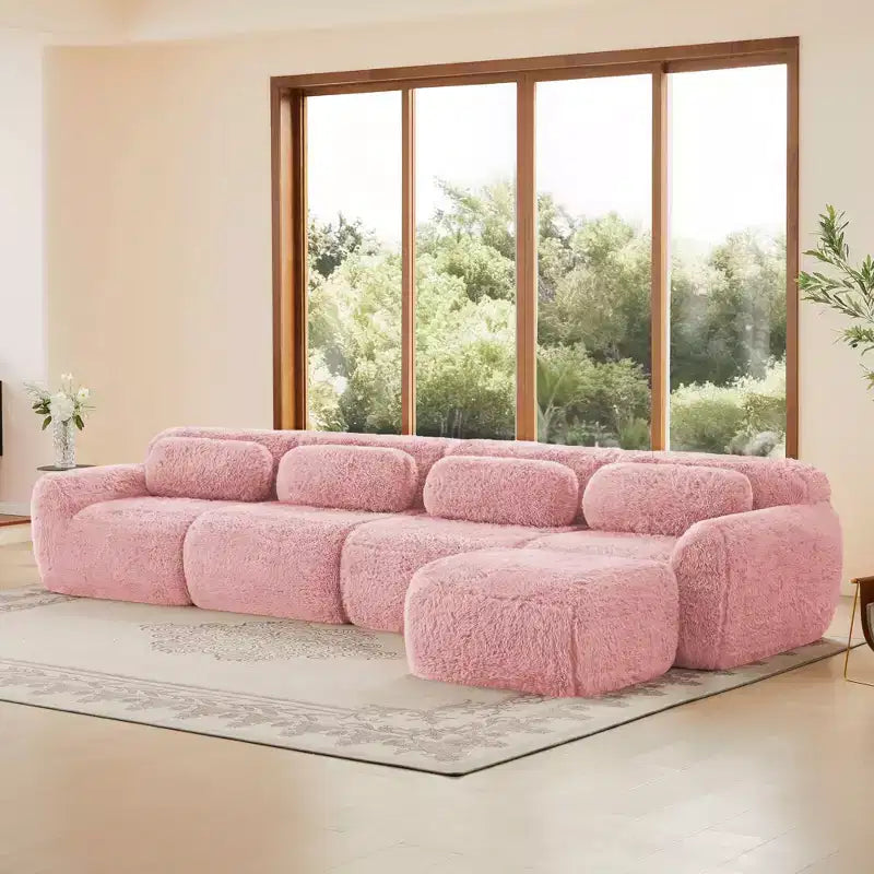 Canapé sectionnel d'angle en tissu peluche kaki clair de 149 pouces avec oreillers et pouf (connexion à boucle)