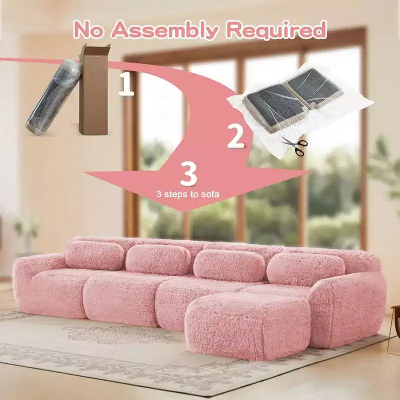 Canapé sectionnel d'angle en tissu peluche kaki clair de 149 pouces avec oreillers et pouf (connexion à boucle)