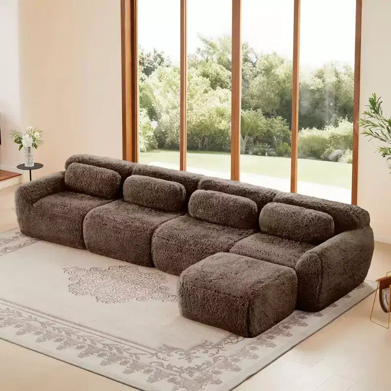 Canapé sectionnel d'angle en tissu peluche kaki clair de 149 pouces avec oreillers et pouf (connexion à boucle)