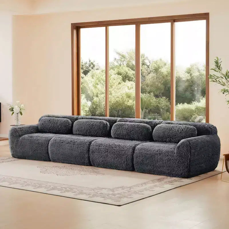 Canapé d'angle sans accoudoirs en tissu peluche marron de 149 pouces avec coussins pour salons (connexion par boucle)