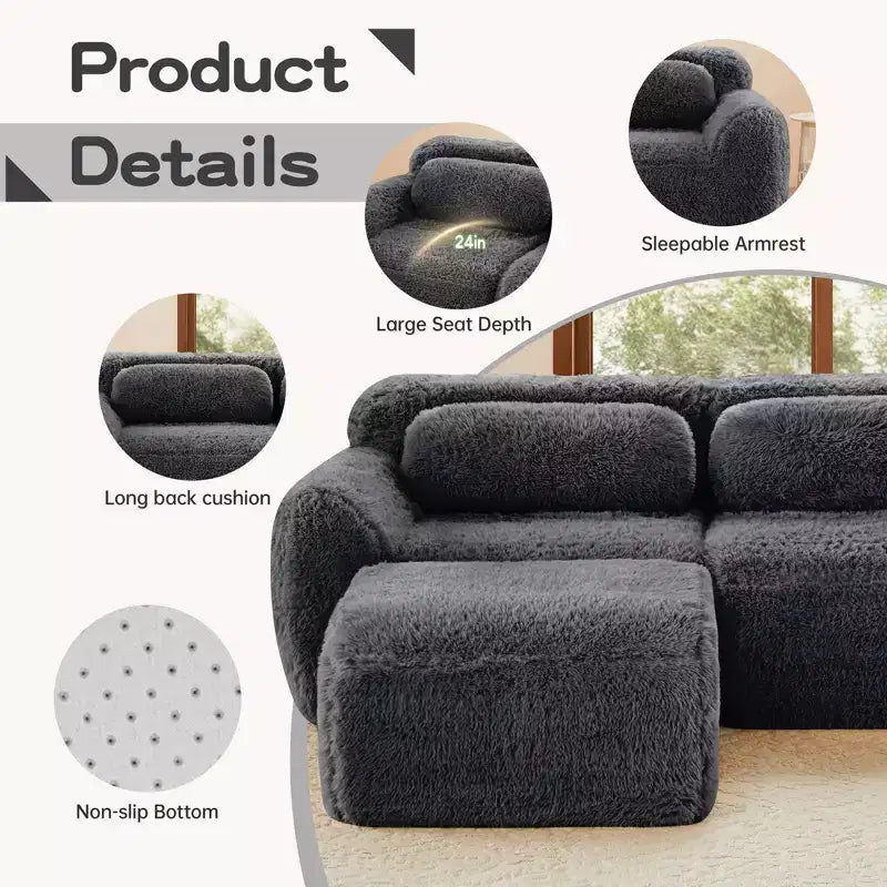 Canapé d'angle sans accoudoirs en tissu peluche marron de 149 pouces avec coussins pour salons (connexion par boucle)