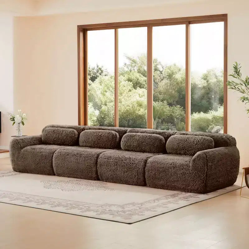 Canapé d'angle sans accoudoirs en tissu peluche marron de 149 pouces avec coussins pour salons (connexion par boucle)