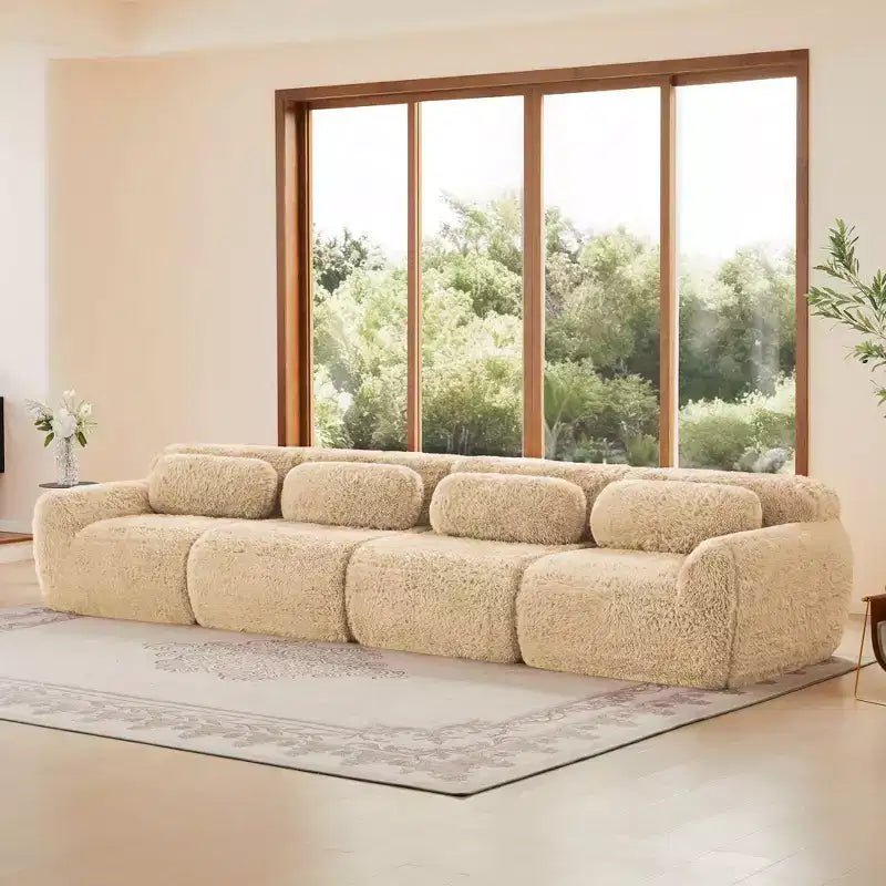 Canapé d'angle sans accoudoirs en tissu peluche marron de 149 pouces avec coussins pour salons (connexion par boucle)