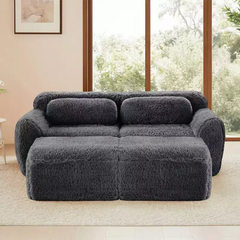 Canapé d'angle en tissu peluche kaki clair de 80,3 pouces avec coussins et 2 poufs, éponge haute densité 32D