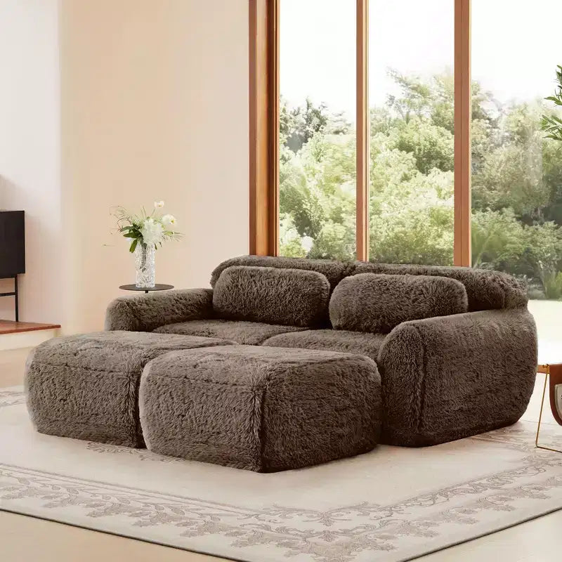 Canapé d'angle en tissu peluche kaki clair de 80,3 pouces avec coussins et 2 poufs, éponge haute densité 32D