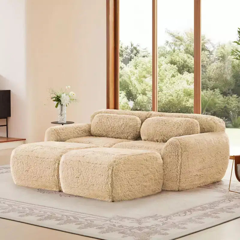 Canapé d'angle en tissu peluche kaki clair de 80,3 pouces avec coussins et 2 poufs, éponge haute densité 32D