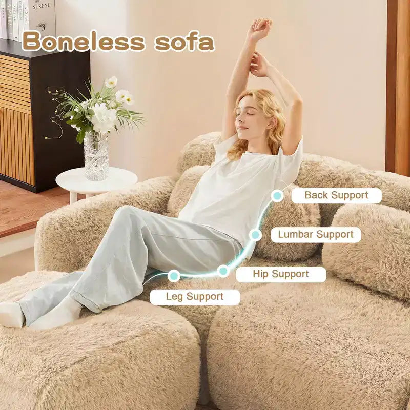 Canapé d'angle en tissu peluche kaki clair de 80,3 pouces avec coussins et 2 poufs, éponge haute densité 32D