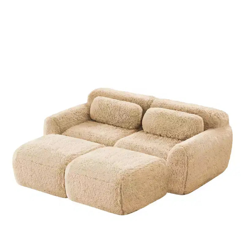 Canapé d'angle en tissu peluche kaki clair de 80,3 pouces avec coussins et 2 poufs, éponge haute densité 32D