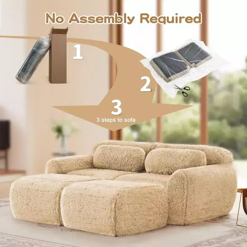 Canapé d'angle en tissu peluche kaki clair de 80,3 pouces avec coussins et 2 poufs, éponge haute densité 32D