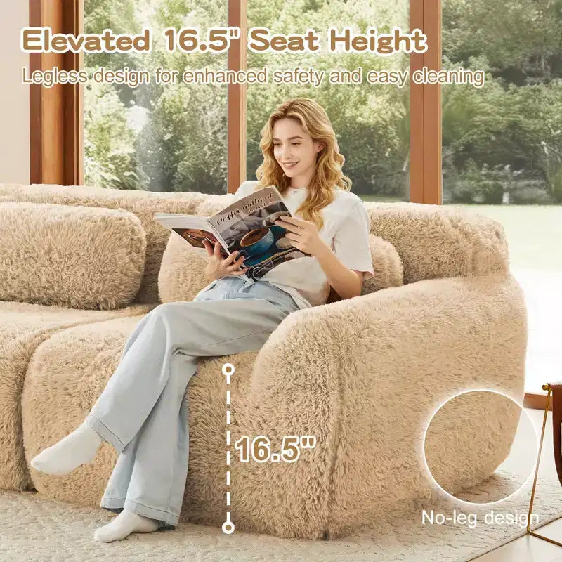 Canapé d'angle en tissu peluche kaki clair de 80,3 pouces avec coussins et 2 poufs, éponge haute densité 32D