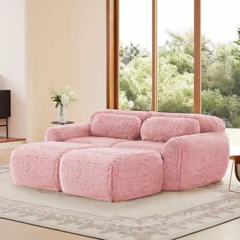 Canapé d'angle en tissu peluche kaki clair de 80,3 pouces avec coussins et 2 poufs, éponge haute densité 32D