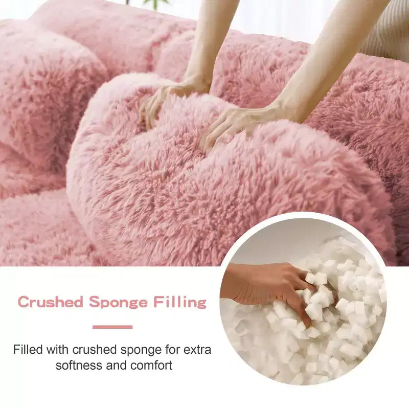 Canapé d'angle en tissu peluche kaki clair de 80,3 pouces avec coussins et 2 poufs, éponge haute densité 32D