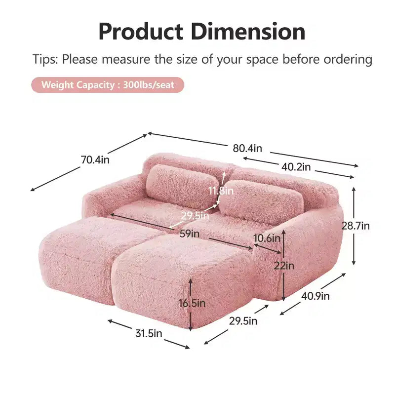 Canapé d'angle en tissu peluche kaki clair de 80,3 pouces avec coussins et 2 poufs, éponge haute densité 32D