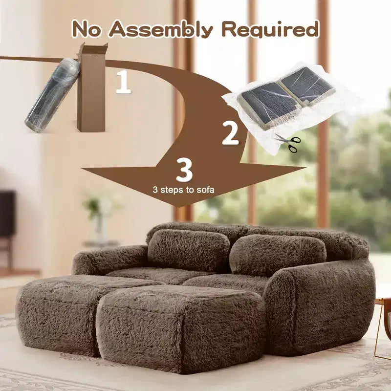 Canapé d'angle en tissu peluche kaki clair de 80,3 pouces avec coussins et 2 poufs, éponge haute densité 32D