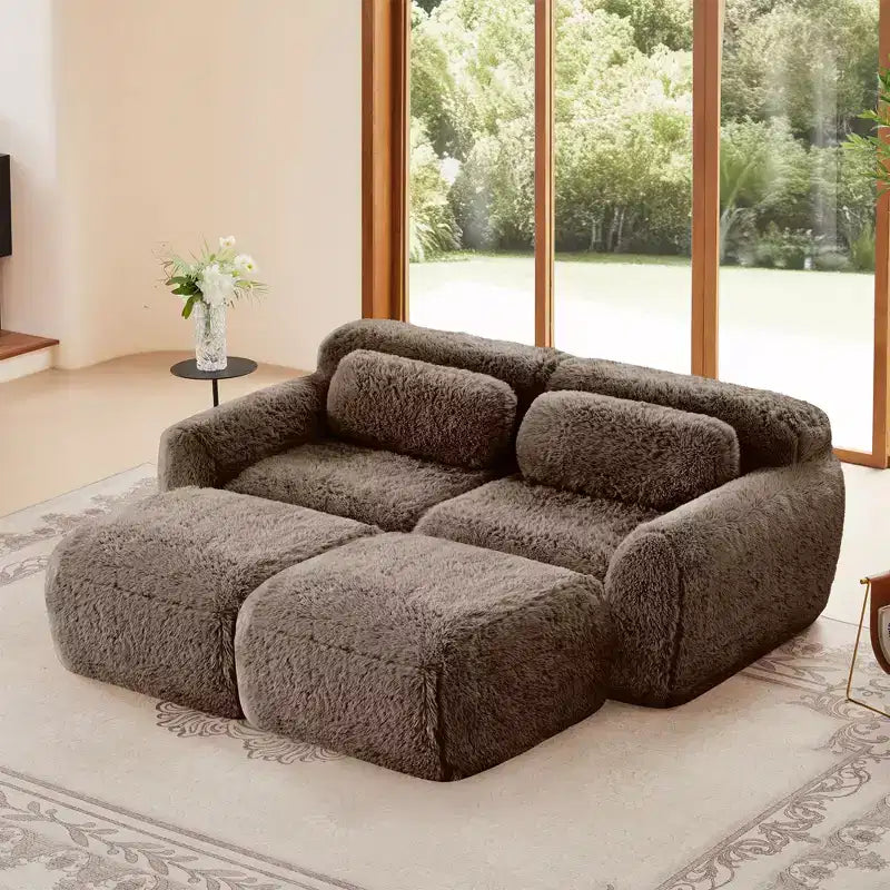 Canapé d'angle en tissu peluche kaki clair de 80,3 pouces avec coussins et 2 poufs, éponge haute densité 32D
