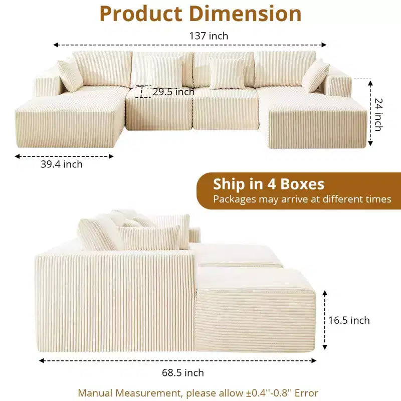 Acekool Canapé d'angle nuage en U surdimensionné avec double méridienne, canapé modulaire rembourré à assise profonde, style velours côtelé, aucun assemblage requis pour salon