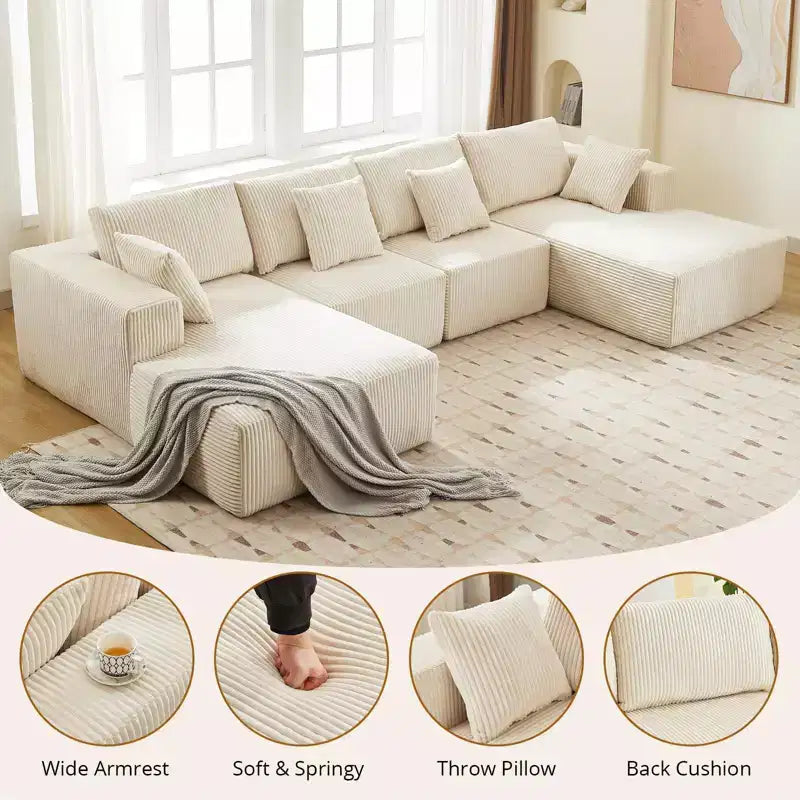 Acekool Canapé d'angle nuage en U surdimensionné avec double méridienne, canapé modulaire rembourré à assise profonde, style velours côtelé, aucun assemblage requis pour salon
