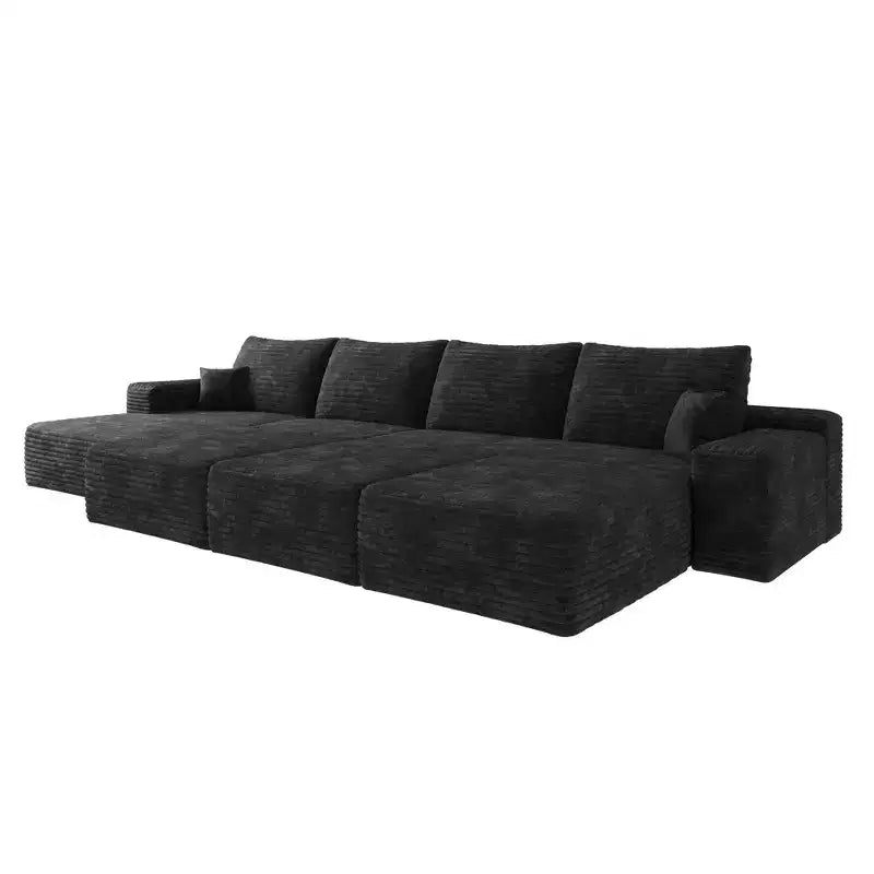Canapé modulable noir de 343 cm avec 3 poufs pour salon d'appartement (tissu velours côtelé moelleux)