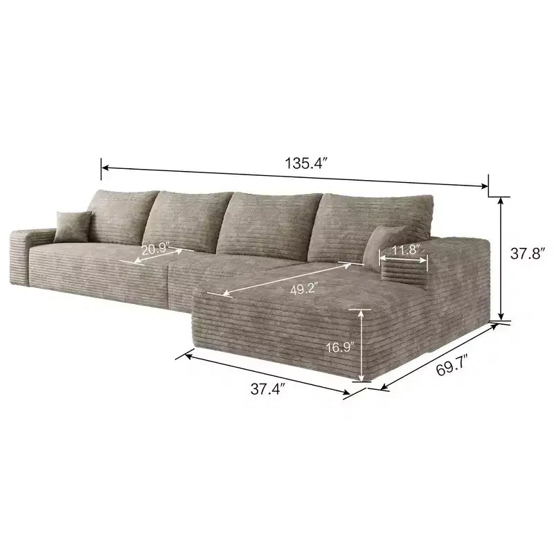 Canapé Sectionnel Nuage Chameau en Velours Côtelé Doux de 135 Pouces avec Méridienne en L, Canapé Modulable Moderne pour Salon ou Appartement