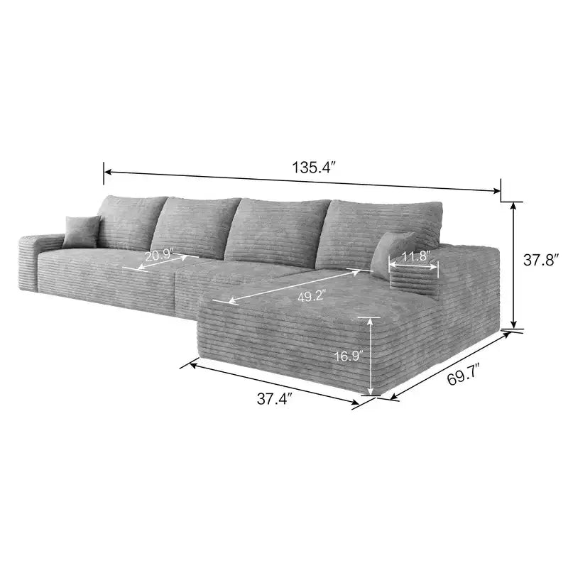 Canapé Sectionnel Nuage Chameau en Velours Côtelé Doux de 135 Pouces avec Méridienne en L, Canapé Modulable Moderne pour Salon ou Appartement