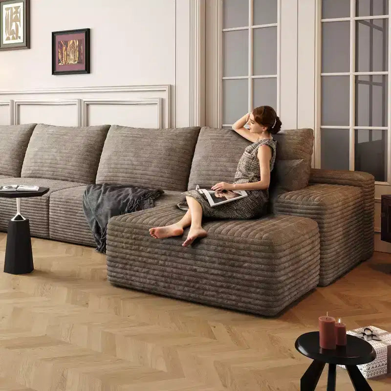 Canapé Sectionnel Nuage Chameau en Velours Côtelé Doux de 135 Pouces avec Méridienne en L, Canapé Modulable Moderne pour Salon ou Appartement