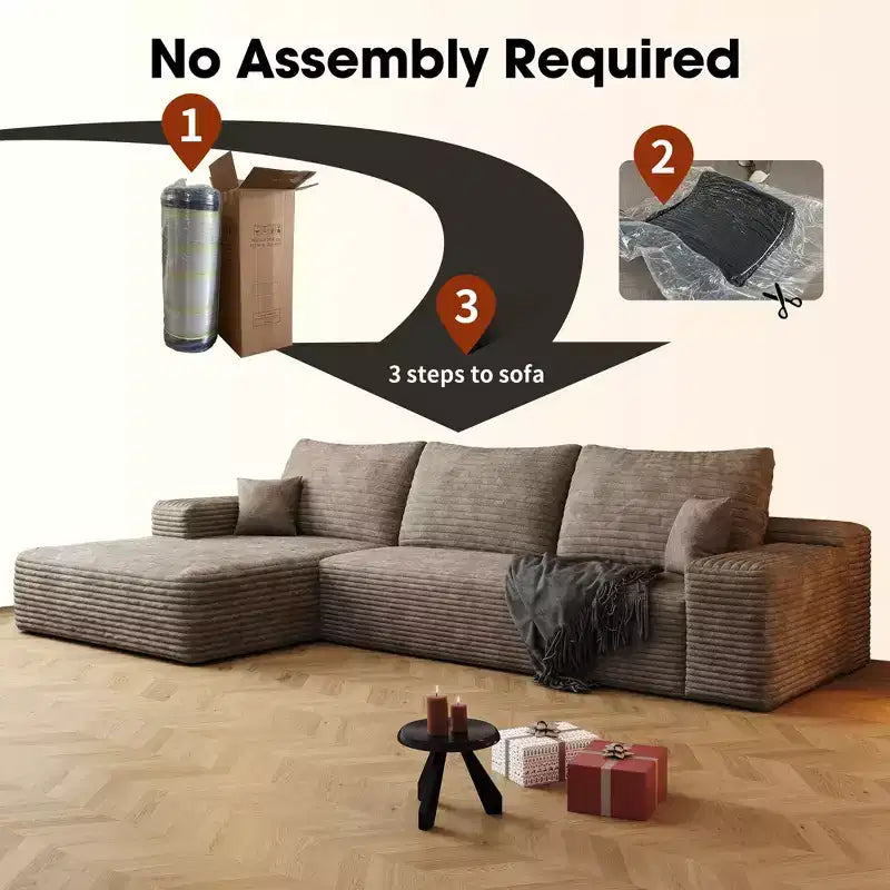 Canapé sectionnel nuage noir en velours côtelé moelleux de 271 cm avec méridienne en L, canapé modulaire moderne avec assise profonde pour salon, appartement