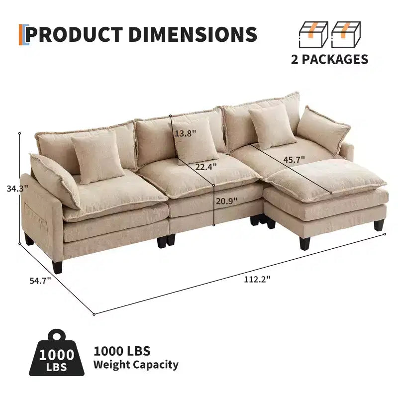 Canapé d'angle surdimensionné Acekool, canapé modulaire en chenille 3 places avec assise profonde et pouf, canapé convertible confortable pour salon