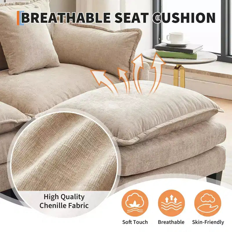 Canapé d'angle surdimensionné Acekool, canapé modulaire en chenille 3 places avec assise profonde et pouf, canapé convertible confortable pour salon
