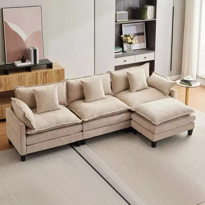 Canapé d'angle surdimensionné Acekool, canapé modulaire en chenille 3 places avec assise profonde et pouf, canapé convertible confortable pour salon