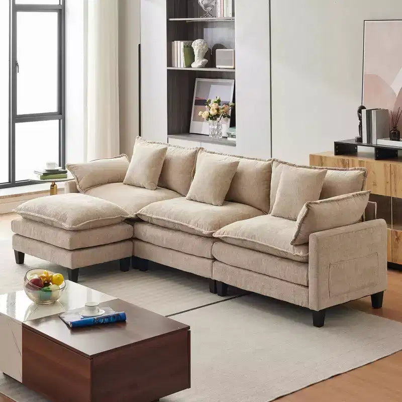 Canapé d'angle surdimensionné Acekool, canapé modulaire en chenille 3 places avec assise profonde et pouf, canapé convertible confortable pour salon