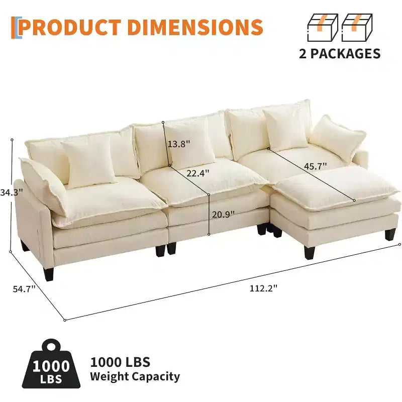Canapé d'angle surdimensionné Acekool, canapé modulaire en chenille 3 places avec assise profonde et pouf, canapé convertible confortable pour salon