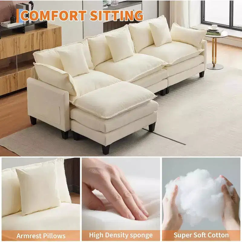 Canapé d'angle surdimensionné Acekool, canapé modulaire en chenille 3 places avec assise profonde et pouf, canapé convertible confortable pour salon