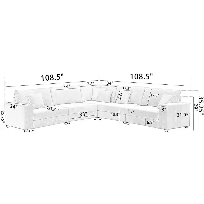 Canapé d'angle moderne GDFStudio Fenlo 108,5 places en velours côtelé avec 5 coussins et 6 dossiers