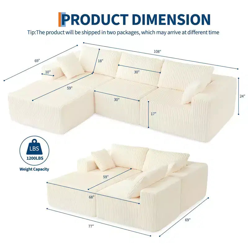 Canapé d'angle modulable 274 cm, canapé en velours côtelé compressé avec assise profonde, canapé confortable en mousse à mémoire de forme pour salon ou chambre, aucun assemblage requis