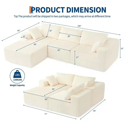 Canapé d'angle modulable 274 cm, canapé en velours côtelé compressé avec assise profonde, canapé confortable en mousse à mémoire de forme pour salon ou chambre, aucun assemblage requis