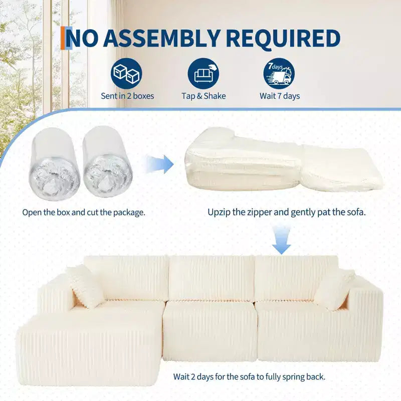 Canapé d'angle modulable 274 cm, canapé en velours côtelé compressé avec assise profonde, canapé confortable en mousse à mémoire de forme pour salon ou chambre, aucun assemblage requis