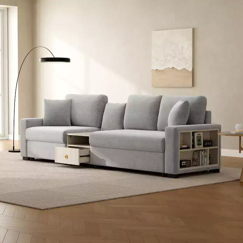 Christopher Knight Home Yira Canapé d'angle moderne 3 places en chenille de 283 cm avec console, accoudoir de rangement et oreillers