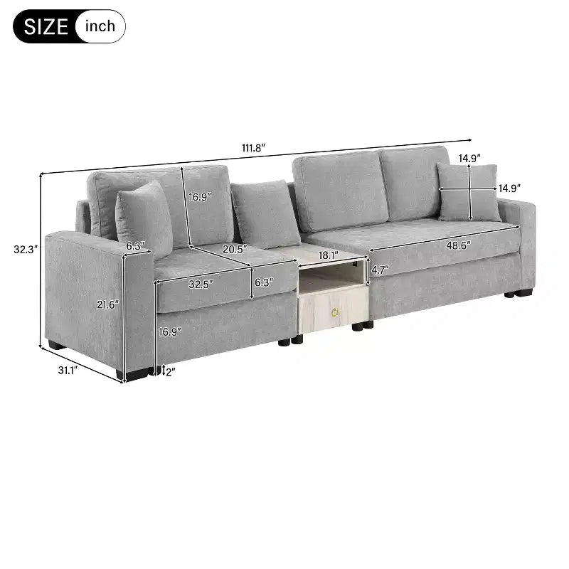 Christopher Knight Home Yira Canapé d'angle moderne 3 places en chenille de 283 cm avec console, accoudoir de rangement et oreillers