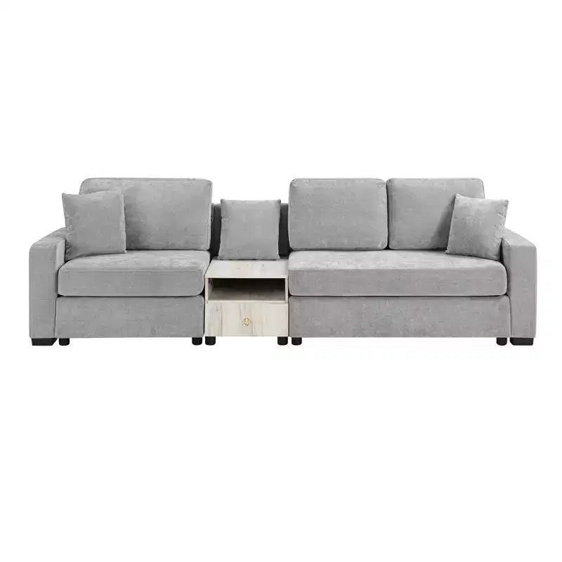 Christopher Knight Home Yira Canapé d'angle moderne 3 places en chenille de 283 cm avec console, accoudoir de rangement et oreillers
