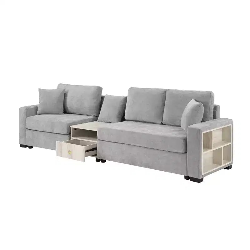 Christopher Knight Home Yira Canapé d'angle moderne 3 places en chenille de 283 cm avec console, accoudoir de rangement et oreillers