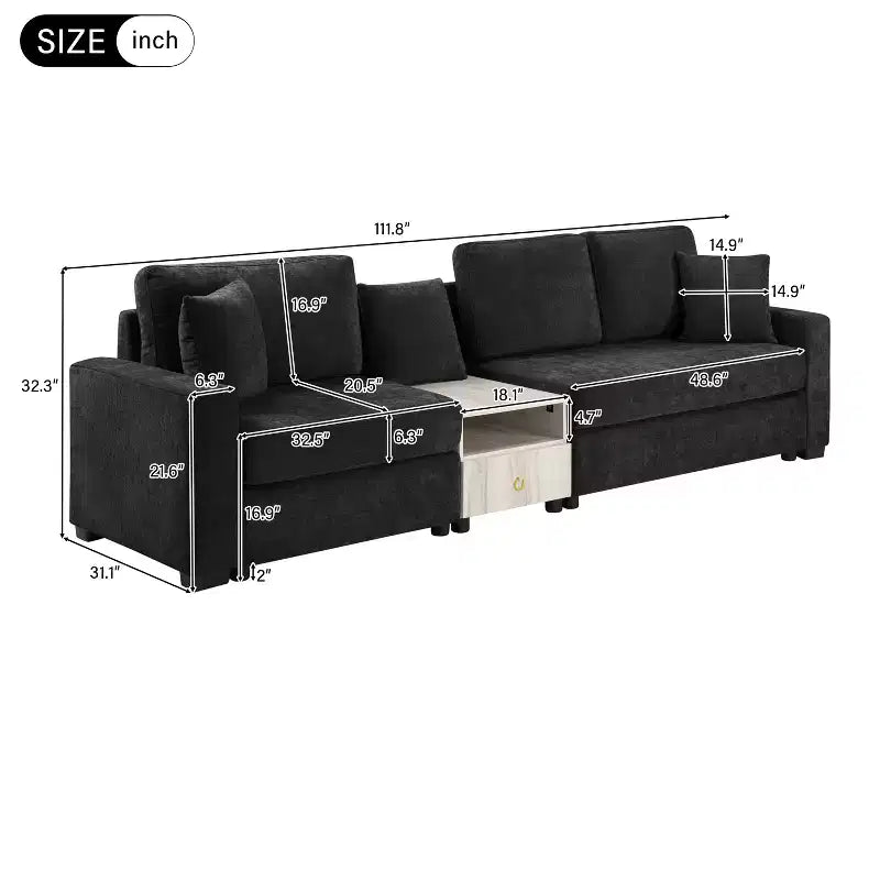 Christopher Knight Home Yira Canapé d'angle moderne 3 places en chenille de 283 cm avec console, accoudoir de rangement et oreillers