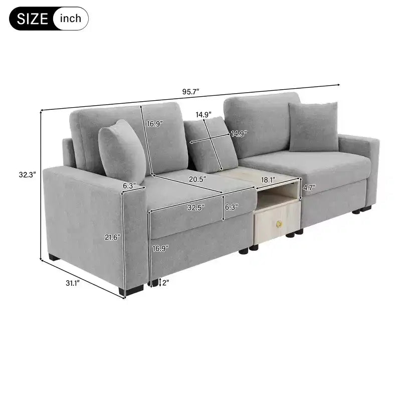 Christopher Knight Home Bina, Canapé sectionnel moderne en chenille 2 places de 95,7 po avec console, accoudoir de rangement et oreillers