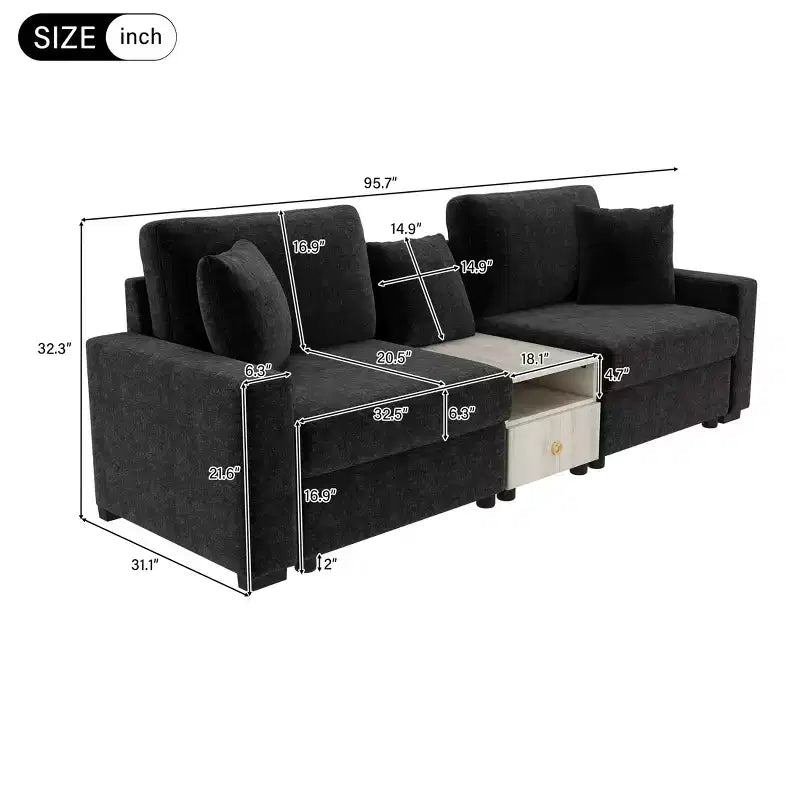 Christopher Knight Home Bina, Canapé sectionnel moderne en chenille 2 places de 95,7 po avec console, accoudoir de rangement et oreillers
